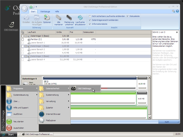 Beispiel für das O&O Startmenü unter Windows PE, hier O&O DiskImage