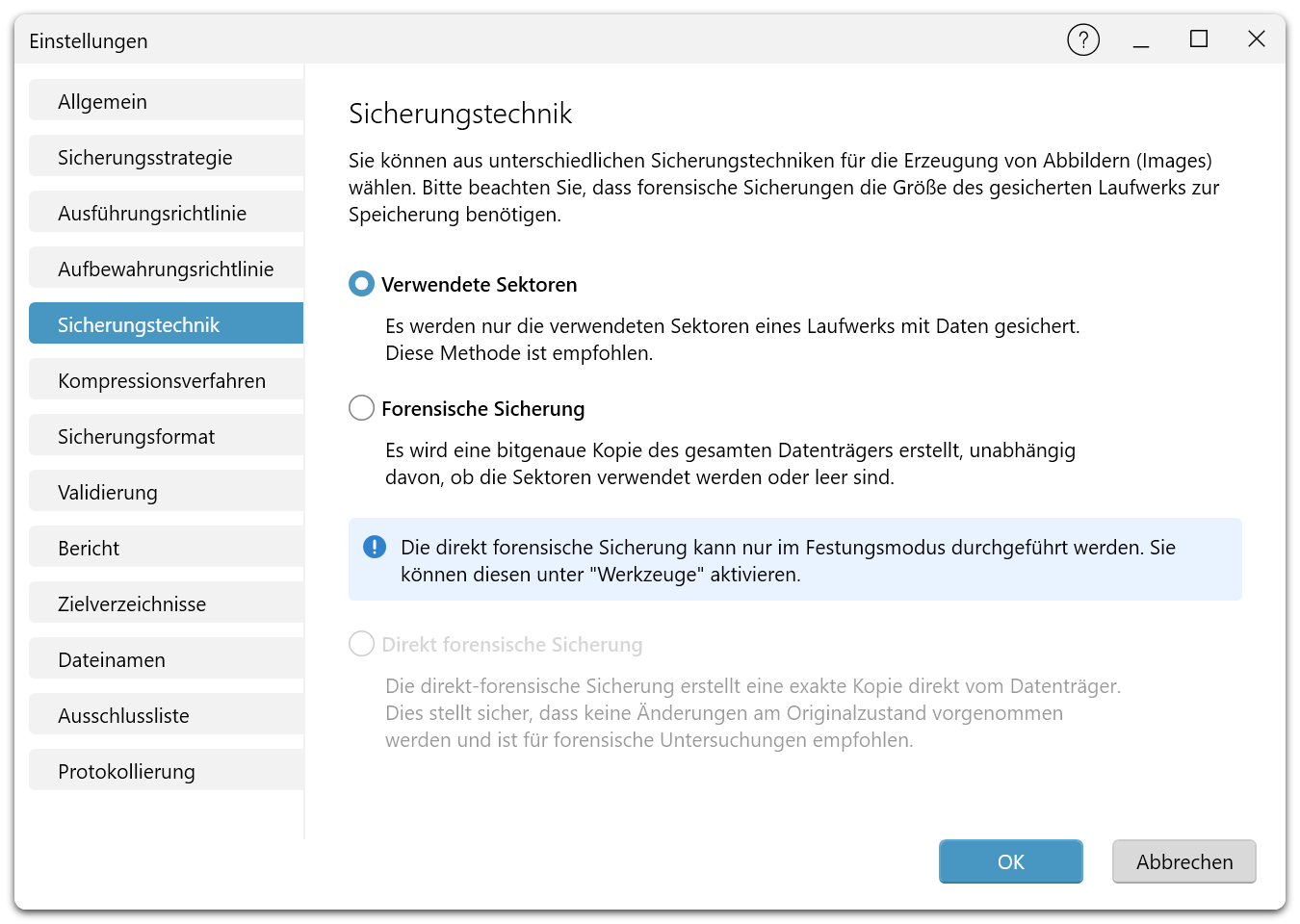 O&O DiskImage 22 Premium Einstellungen