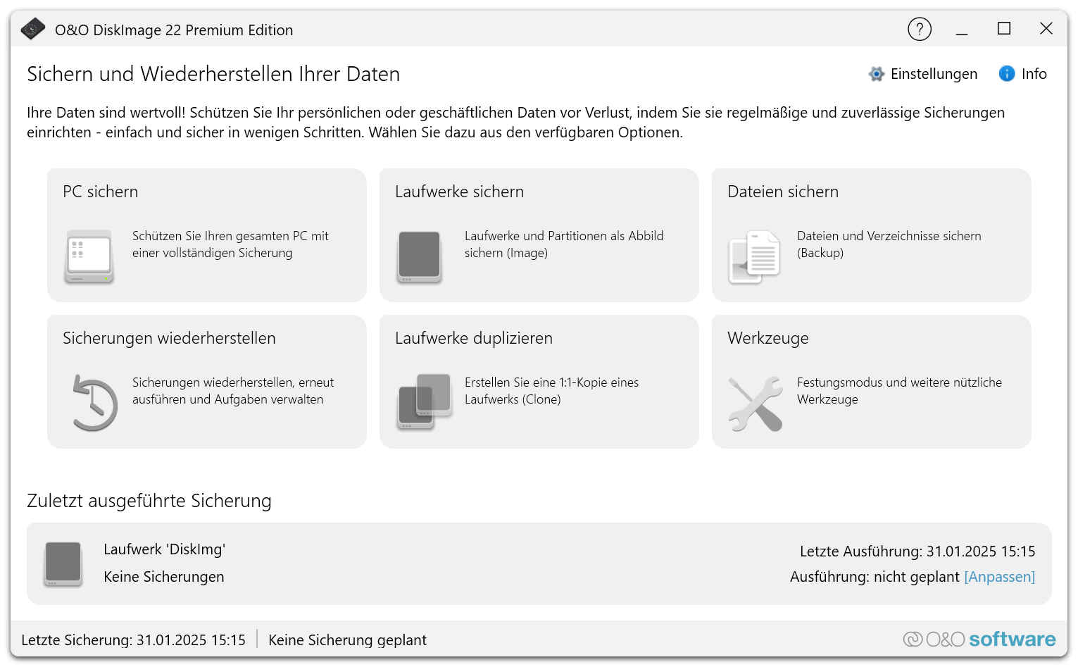 O&O DiskImage 22 Premium - Startseite