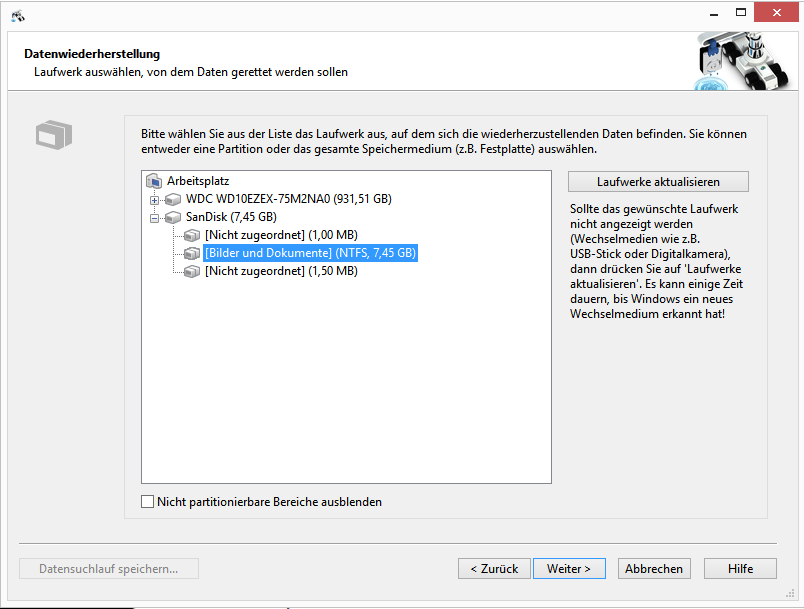 Datenwiederherstellung: Laufwerk wählen
