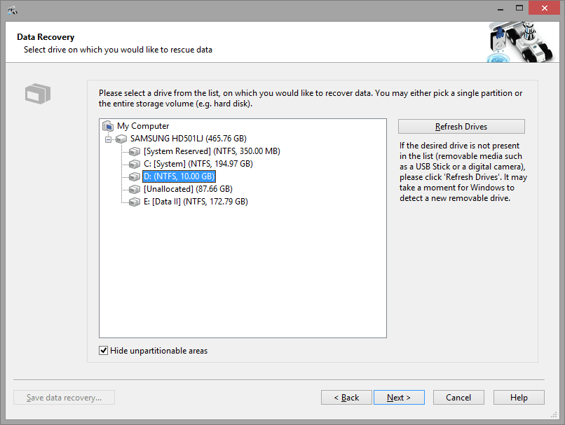 Select drive to recover files