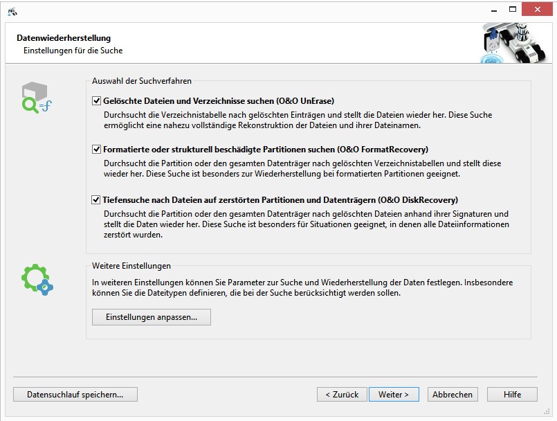 Datenwiederherstellung: Suchmethode Einstellungen wählen